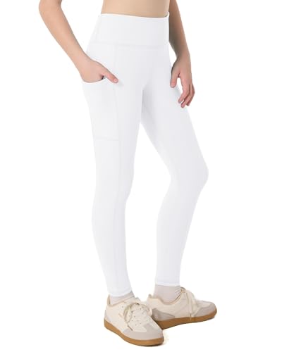 Moozava Girls Athletic Leggings with Pockets Kids High Waisted Dance Pants Yoga Workout Running Cheer Gymnastics Tights XL White