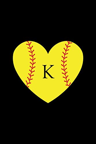 K: Monogram Initial Letter K Yellow Heart Softball Journal/Notebook for Girls and Women, Personalized Gift, Softball Gift, Softball Players Notebook, ... team gift, 120 Pages of 6 x 9 Lined Noteb