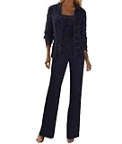 3 Pieces Mother of The Bride Pant Suits for Wedding Navy Blue Pantsuits for Wedding Guest Chiffon Cocktail Outfits for Women 2024 Size 12