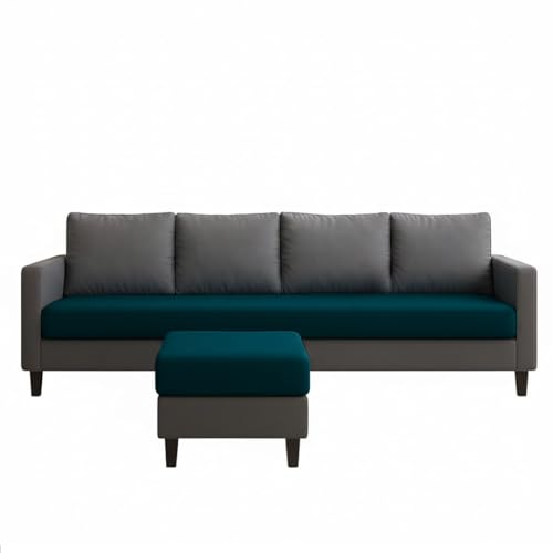 Image of FURNY Arnold 5 Seater L Shape Sofa Set with Movable Ottoman | Flexible Left or Right Layout | Plush Velvet Fabric (Dark Grey-Greenish Teal) | Perfect for Living Room, Guest Room & Office