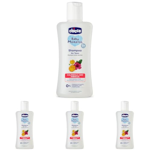 Image of Chicco Baby Moments Shampoo for Tear-Free Bath Times, New Advanced Formula with Natural Ingredients, Suitable for Baby's Tangle Free, Smooth Hair, No Phenoxyethanol and Parabens (200ml) (Pack of 4)