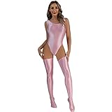 Linjinx Women's Satin Glossy Sleeveless Leotard Cosmetic Suit High Cut Bodysuit with Stockings Pink X-Large