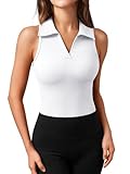 LILLUSORY Womens Crop Sleeveless Tank Tops Summer 2025 V Neck Racerback Cropped Workout Going Out Collared Slim Fitted Polo Shirts Casual Solid White L