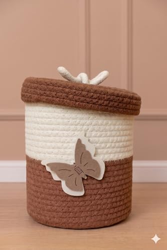 Image of Jute Basket For Storage Cotton Rope Toys Basket With Lid Handwoven Natural Foldable Laundry Hamper for Home, Office, Living Room Size 10x10 inch (brown butter fly)