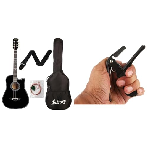 Image of Juarez Acoustic Guitar Kit, 38 Inch Cutaway with Bag, Strings, Pick, and Strap (Black) & JRZ250 One Handed Trigger Guitar Capo (Grey).