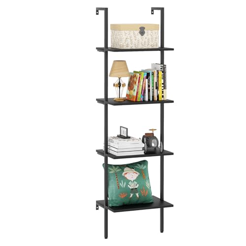 Ladder Shelf 4 Tiers Metal Industrial Bookshelf,Black Wooden Tall Open Storage Rack and Display Shelves,Wall Mount Wide Book Case for Home Office Bedroom,Small
