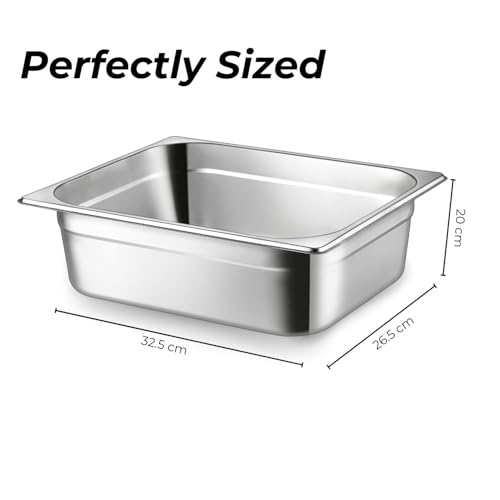 Image of HS Stainless Steel GN Pan Half Size 1 /2 200mm Depth 11L Capacity Anti-Jam Design 100% BIS Certified Raw Material European Standard Made in India 32.5 x 26.5 x 20 cm Professional Kitchen Grade