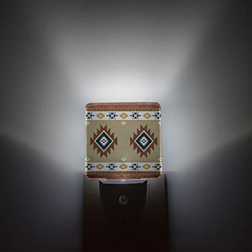 Image of Night Light Plug in LED Night Lamp Automatic Sensor Kids Night Lights Plug into Wall, Southwest Geometric Bohemian Tribal Style Khaki Square Dim Night-Lights for Bedroom Bath Kitchen Hallway Decor