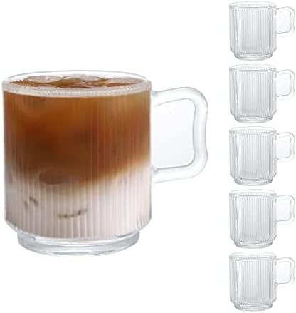 [6 PACK, 12 OZ] DESIGN•MASTER Premium Glass Coffee Mugs with Handle, Classic Vertical Stripes Tea Cup,Transparent Tea Glasses for Hot/Cold Beverages, Perfect Design for Americano, Cappuccino, Latte.