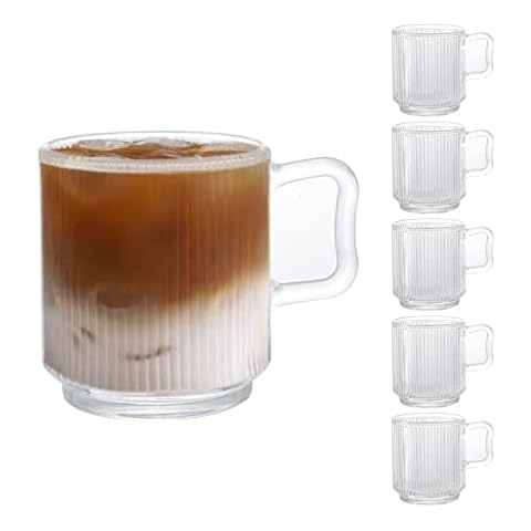 [6-Pack, 350ml] Design•Master Premium Glass Coffee Mugs with Handle, Classic Vertical Stripes Tea Cup,Transparent Tea Glasses for Hot/Cold Beverages, Perfect Design for Americano, Cappuccino, Latte Cover