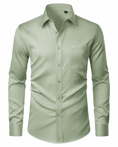 J.VER Sage Green Mens Dress Shirt Stretch Wrinkle Free Button Down Long Sleeve Shirts Business Casual Regular Fit Wear with Pocket Large