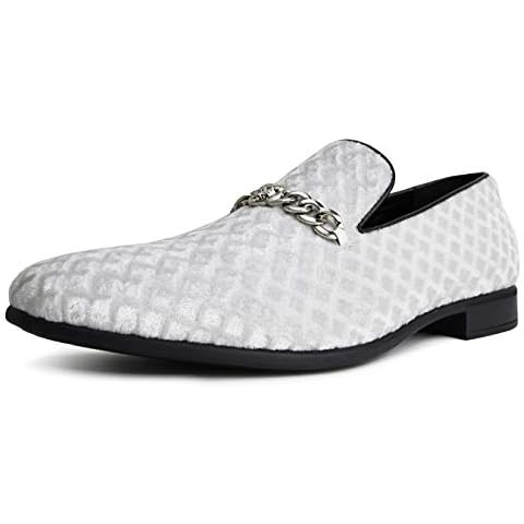 Amali Felix Loafers Men Velvet Slip On Shoes with Metal Chain Exotic Bit Tuxedo Dress Shoes Quilted Diamond Pattern, White Size 10 Cover