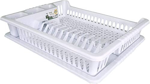 SAFRI White Large Plastic Dish Drainer with Drip Tray, Plate Drying Rack and Cutlery Holder (White Plate Rack)