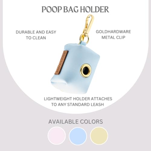 Image of Dog Poop Bag Holder with Leash attachment, Waste litter bag container, Lead accessories, Metal hook hands free holder, Zipper pouch stylish gold hardware (Blue)
