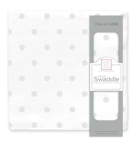 Image of SwaddleDesigns Cotton Muslin Swaddle Blanket, Receiving Blanket for Baby Boys & Girls, Best Registry Gift, 46x46 inches, French Dots, Sterling
