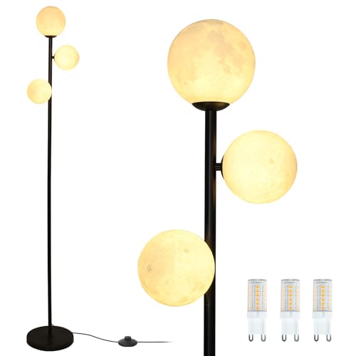 3 Globe Floor Lamps for Living Room, Black Standing Lamp with LED G9 Bulbs, Modern Floor Lamp with 3D Moon Printing Frosted Shades, Corner Tall Light for Bedroom, Stand Up Lamp for Office Kids Room