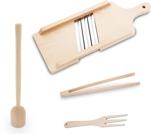 KERAZO 4-teiliges Gemüsehobel-Set aus Buchenholz, inkl. Stampfer, Zange, Gabel, Antibakteriell. Ideal für die Herstellung von Sauerkraut und...