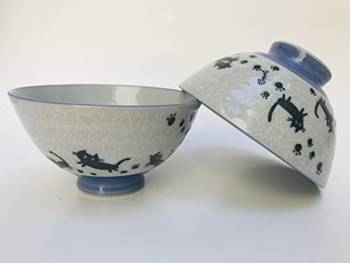 2 Pc Japanese Grey Crackle Baclk Cats Rice Bowl Set Includes 2 Bowls