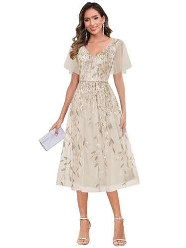 Sequin Mother of The Bride Dresses for Wedding V Neck A Line Tulle Formal Evening Gown with Ruffle Sleeve4