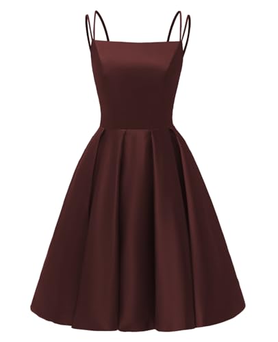 Image of Tianzhihe Satin Homecoming Dresses for Teens 2026 Spaghetti Straps A-line Square Neck Short Cocktail Party Dress with Pockets