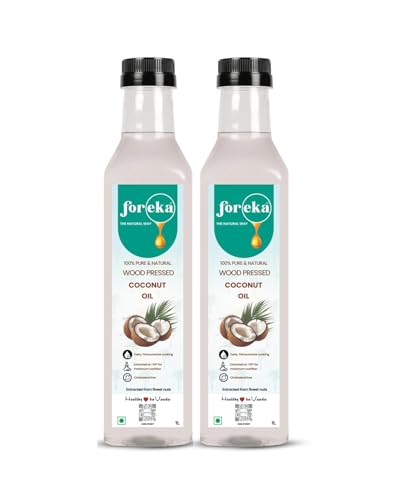Image of Foreka Wood Pressed Virgin Coconut Oil 1L (Pack of 2) - Cold Pressed & Unrefined Edible Coconut Oil - Traditional Chekku /Kolhu Extracted - Natural Multipurpose Oil for Cooking, Hair & Skin Care