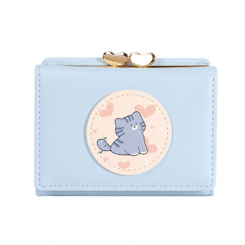 Image of Valerie Cute Small Wallets Clutch for Teen Girl Women PU Leather Trifold Small Wallet Cash Pocket 3D Buckle Card Holder Coin Purse with ID Window for Girls Women (Blue cat)