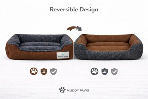 Image of MUDDY PAWS Reversible Sofa Style Dog Bed - Large (68 x 53 x 22 cm) - Plush Fur Surface, Removable Cushion & Anti-Skid Base - Brown & Grey