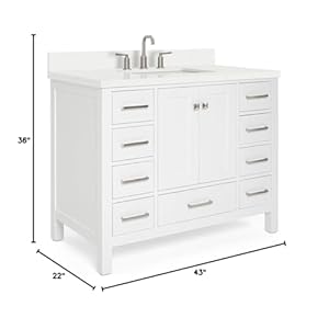 ARIEL Cambridge 43 Inch Bathroom Vanity, White Bathroom Vanity with Sink, Solid Wood Vanity Cabinet, White Quartz Countertop 1.5" Edge, Rectangular Single Sink, 2 Soft Closing Doors, 9 Drawers ARIEL Cambridge 43 Inch Bathroom Vanity White Bathroom Vanity with Sink Solid Wood Vanity Cabinet White Quartz Countertop 15 Edge Rectangular Single Sink 2 Soft Closing Doors 9 Drawers