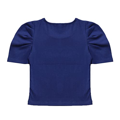 Puff Sleeve Top | Rib Knit T Shirts Square Neck Tops | Women Blue T Shirts Summer Short Sleeved Tops