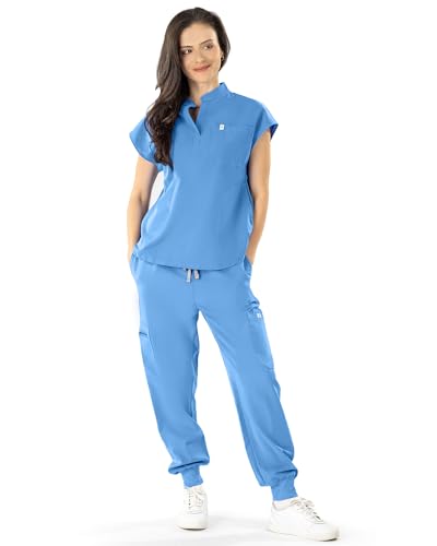 Reinwaete Medical Scrubs for Women Set - Soft Stand-Up Collar Nurse Scrubs Top & Jogger Scrub Pants for Women with 11 Pockets-Durable, Stretchy, Breathable and Comfortable Women Scrubs Set-Sky Blue-XS