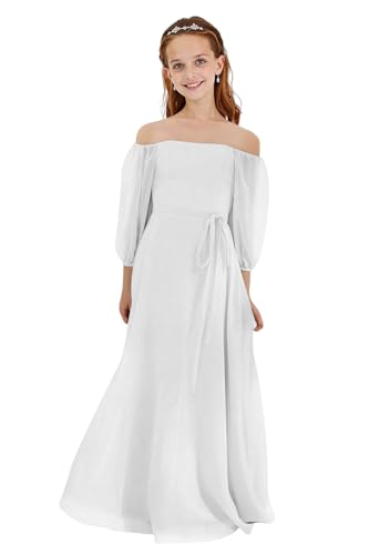 Elegant Boat Neck Junior Girls Bridesmaid Dress Long Sleeve A Line Formal Birthday Chiffon Dress