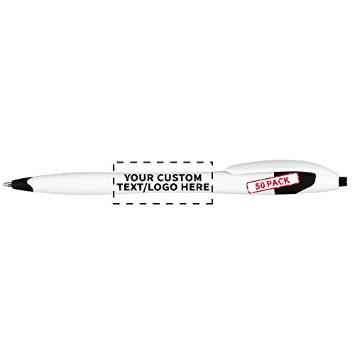 Slim Curvy White Ballpoint Pens in Bulk, Plastic, 50 pack, Custom Promotional Text, Logo, Retractable Medium Point, Modern, Black