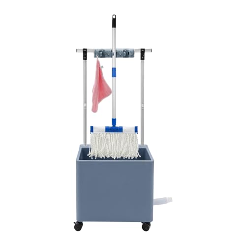 Floor Mop Sink, Mobile Commercial Mop Sink with Cleaning Tool Rack Foldable Hooks Plastic Utility Service Basin on Wheels (with Brakes) for Restaurants Garages Hotels (3 Mop Holders & 4 Hooks)