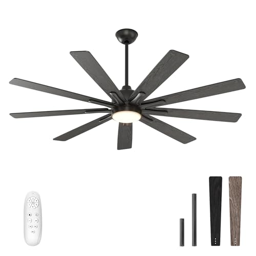 warmiplanet Ceiling Fans with Lights and Remote Control, 62-Inch, Reversible Silent DC Motor, 6 Speeds, 3 Color Dimmable LED Light, Timer, Black, 8-Blades