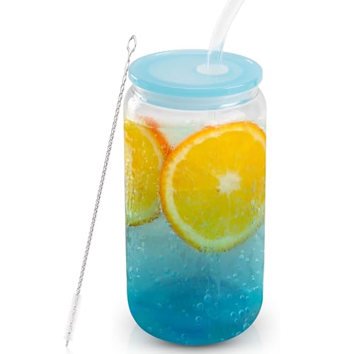 Joyclub 16oz Glass Cups with Acrylic Lids and Straws 12 Set Can Shaped Glass Iced Coffee Cups with Lids, Gradient Drinking Glasses Cute Tumbler Cup Great for Smoothie Soda Boba Tea Cocktail