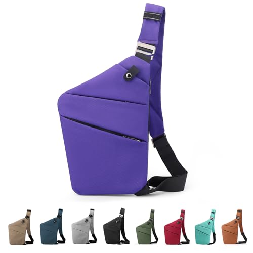MaijjLyn Anti Theft Crossbody Bag, One Shoulder Chest Sling Bag Multi Pockets Slim Anti Theft Travel Purse for Women & Men (Purple Right)