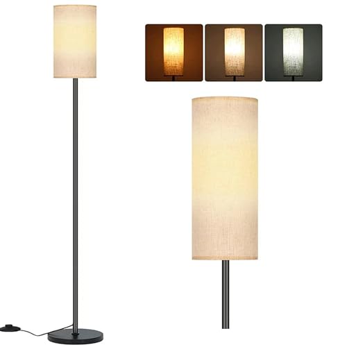 Floor Lamp 3 Color Temperature Modern LED Standing Lamp Elegant Tall Lamps with Linen Lamp Shade Black Pole Lamp with Foot Switch Stepless Dimmer Floor Lamps for Living Room/Bedroom/Office