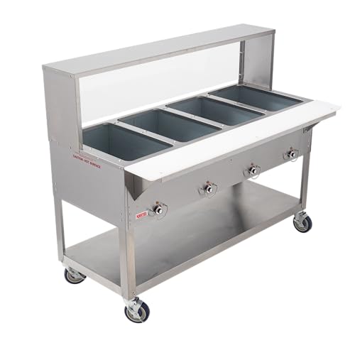 kratos commercial mobile electric steam tablehot food table with overshelf and sneeze guard 4 wells stainless steel nsf 120v 28w-203