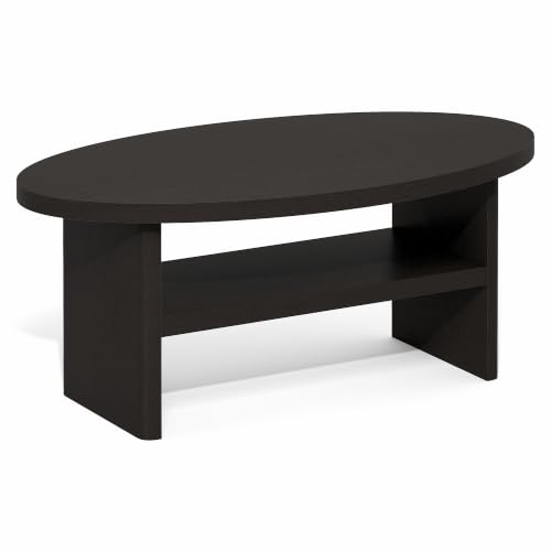 Image of Furinno Jaya 2-Tier Round Black Coffee Table with Oval Tabletop, Dark Oak