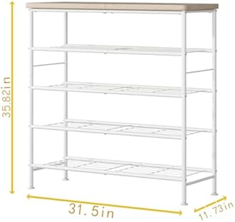 SUOERNUO Shoe Rack Storage Organizer 5 Tier for Closet entryway Free Standing Metal Shoe Shelf with MDF Top Board，White+Oak