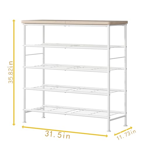 SUOERNUO Shoe Rack Storage Organizer 5 Tier for Closet entryway Free Standing Metal Shoe Shelf with MDF Top Board，White+Oak