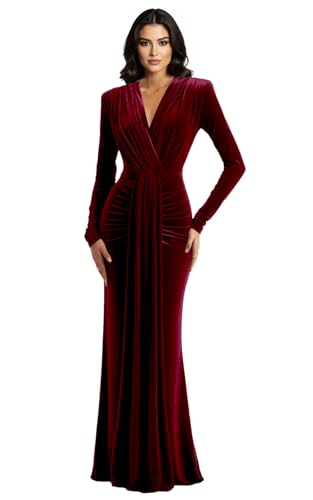 INEWER Elegant Burgundy Long Sleeve Bridesmaid Dress Front Tie Velvet