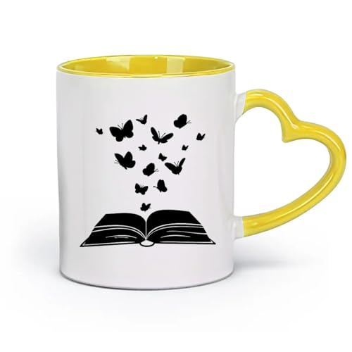 AYUEHBN ceramica Tazze per caffè, latte e tè Farfalla Libro Aperto Lettura Stile Romantico （11oz/320ml） per espresso, set da tè Giallo