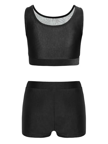 Girls Gymnastics Dance 2 Piece Shiny Metallic Set Crop Tank Top And Booty Shorts for Tennis Sports Black 10 Years2