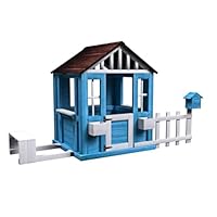 Outdoor Playhouse foe 3-6 Ages Boys Girls, Wooden Playhouse with Bench Fence Windows Flowerpot Holders & Snack Window, Solid Fir Wood Outdoor Cottage Backyard Play House for 3-6 Ages Boys Girls, Blue