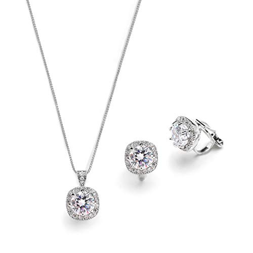 Mariell Necklace & Clip On Earrings Jewelry Set, 10Mm Cushion-Shaped Pave Halos With Round Cz Solitaires #TOP4