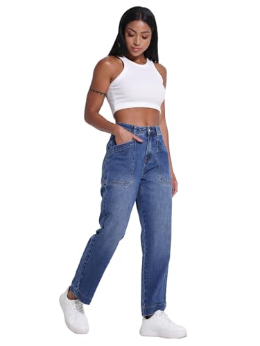 Jeans for Women Trendy Mid-Waisted Straight Leg Jeans Cropped Cargo Pocket Denim Women's Pants3