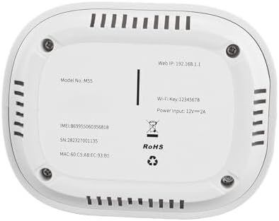 Төменгі view of Dpofirs 5G Router showing Model No. M55, Web IP 192.168.1.1, Wi-Fi Key 12345678, Power Input 12V=2A