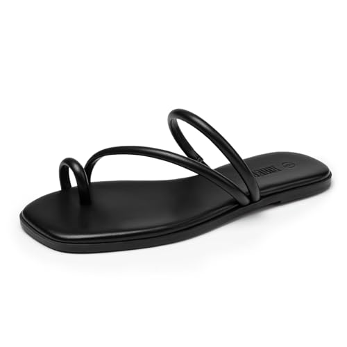 Rihero Black Slide Sandals Women Comfortable Square Toe Strappy Thong Flat Sandals Beach Dressy Slip On Flip Flops Size 8