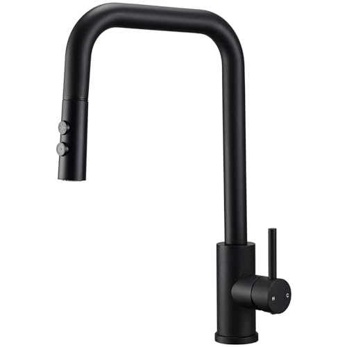 Peppermint Matt Black Kitchen Taps with Pull Out Spray Square Kitchen Mixer Tap Stainless Steel Single Lever Sink Taps Mixer High Spout Pull Down Modern 360° Swivel Faucets